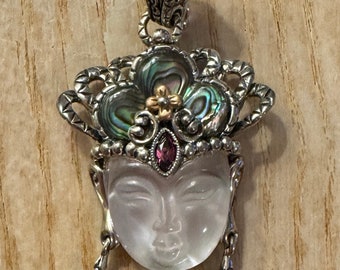 18K Gold  Barbara Bixby Goddess Quan Yin Carved Gemstone Abalone Necklace Enhancer Pendant New  Original writing on Bx Pouch See Description