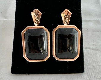 Yves Saint Laurent YSL Vintage Earrings Clip On Black Glass Rose Color Gold Plated Hallmark YSL Length 1.14” x 0.89” Lovely Vintage Patina