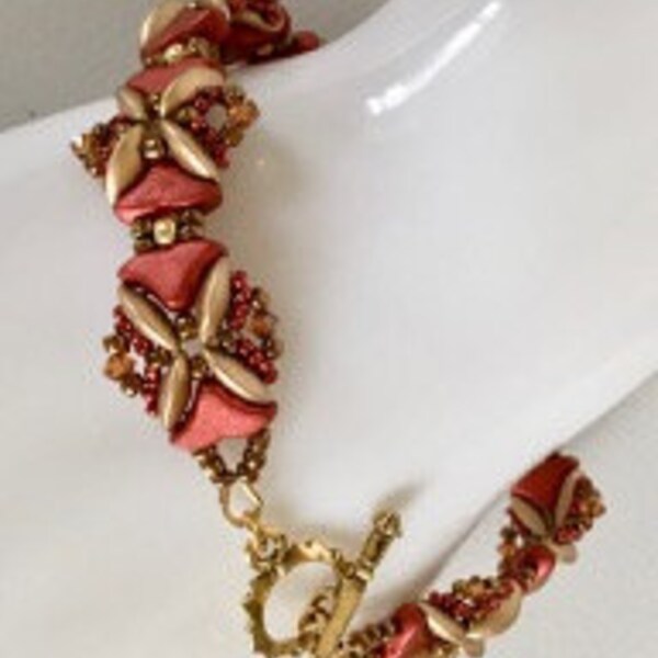 Woven Bracelet in Gold and Brick Red with Swarovski Crystals, MobyDuo and Helios Shaped Beads