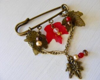 Bronze, Red, and Cream Sweater - Shawl Pin with Fall Leaves