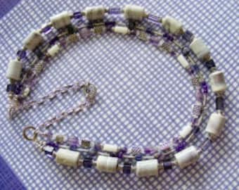 Triple Strand Purple, White and Silver Beaded Necklace