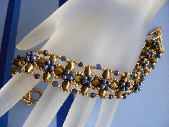 Iolite and Czech Glass Woven Beaded Bracelet in Dark Periwinkle