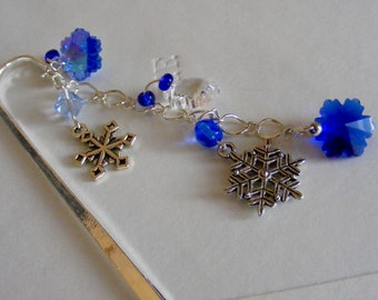 Blue and Silver Crystal, Glass and Pewter Beaded Metal Bookmark