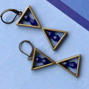 Antique Brass Geometric Dangle Earrings in Dark Red or Royal Blue