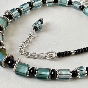 Smoky Blue, Silver, and Black Cane Beads Necklace