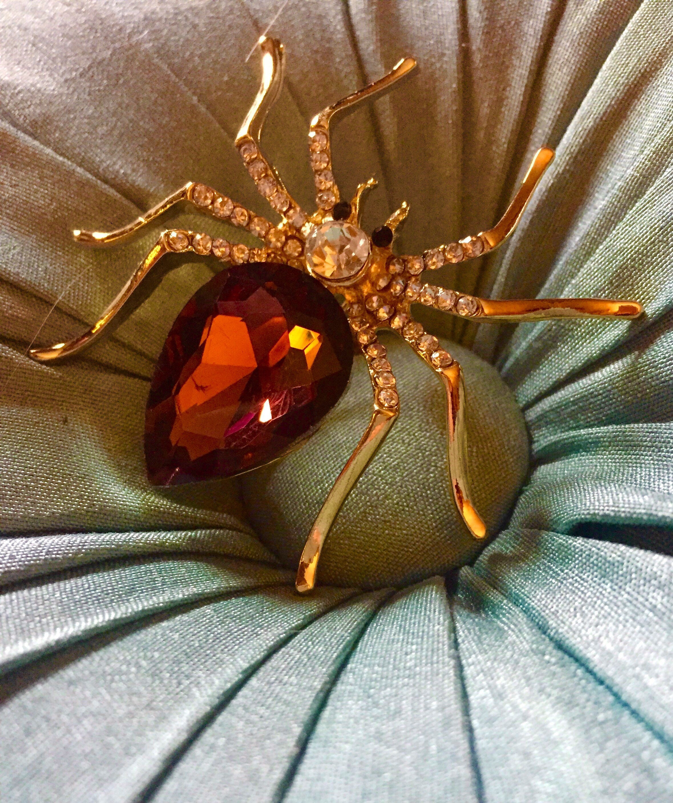 Art Deco Pumpkin Orange Bakelite Spider Brooch, Dimensional Spider