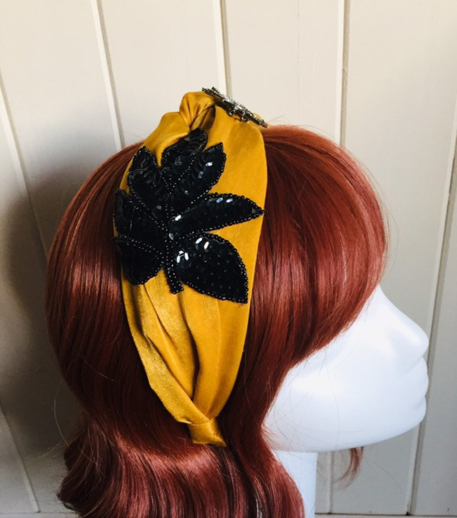 Vintage 70s twisted yellow black appliqué headband. pleated Etsy