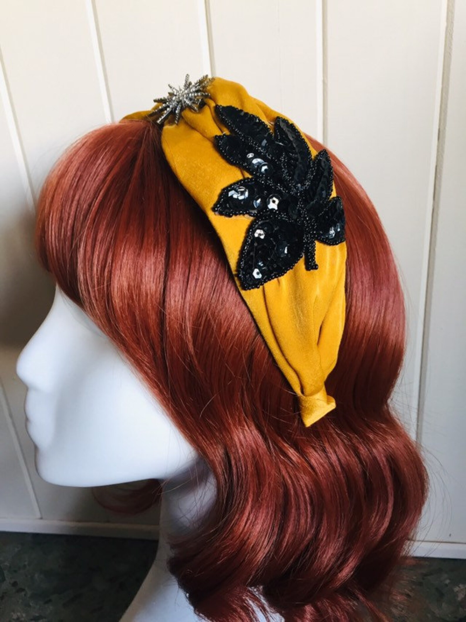 Vintage 70s twisted yellow black appliqué headband. pleated Etsy