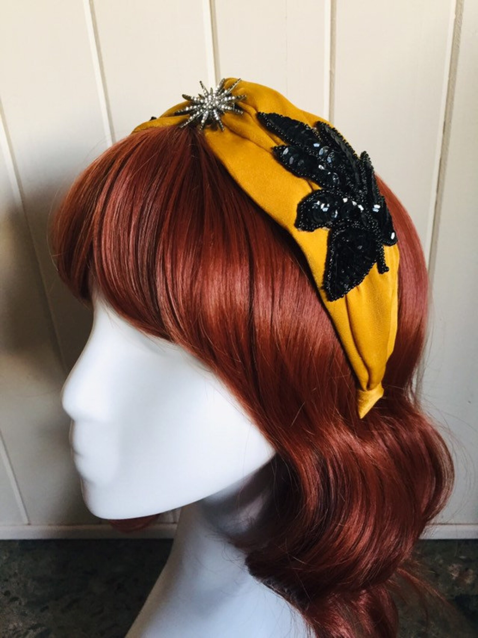 Vintage 70s twisted yellow black appliqué headband. pleated Etsy