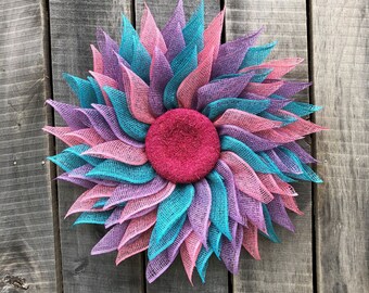 Large pinwheel sunburst poly burlap flower wreath, turquoise door decor, every day wreath, gift, Mother's day gift, wall decor