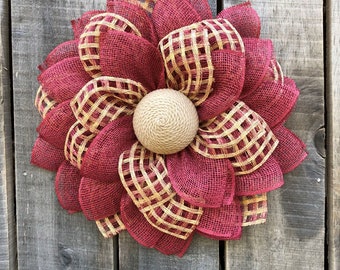 Cranberry wreath, Farmhouse Wreath, Everyday Wreath,  Flower Wreath, Fall Burlap Flower, gift, Mother's day gift, wall decor