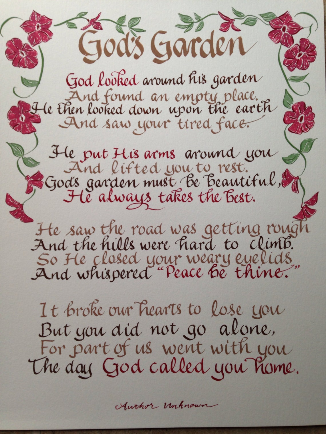 Memorial Poem Gods Garden Funeral Poem 11 x 14 hand written | Etsy