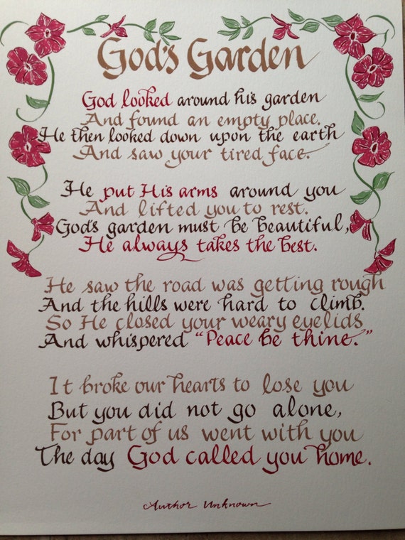 Memorial Poem Gods Garden Funeral Poem 11 X 14 Hand Written Etsy