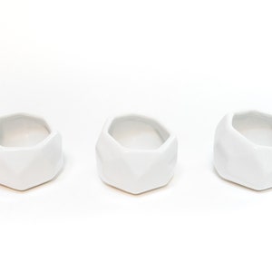 May include: Three white ceramic geometric planters with a faceted design. The planters are arranged in a row from left to right.