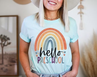Hello Preschool Teacher Shirt, Rainbow Teacher Shirt, Preschool Crew Shirt, Pre K Teacher Tee, Pre-K Teacher Shirt, Cute Teacher Gift I dea