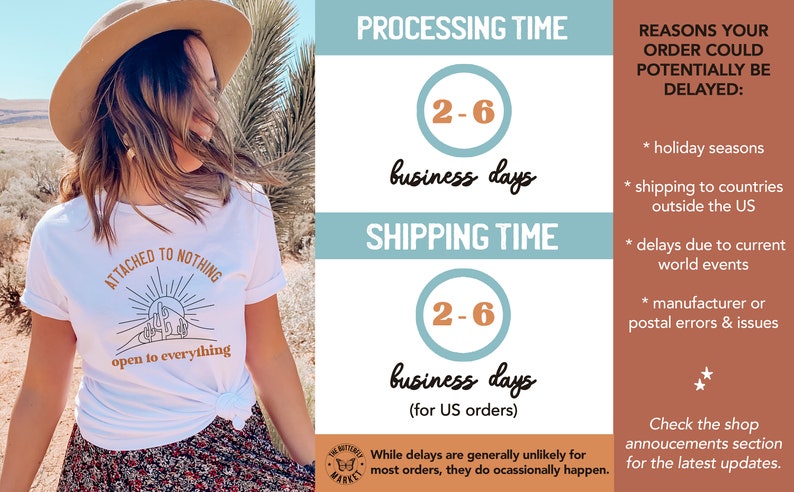 Pu&ograve; includere: Una maglietta bianca con il testo "Attached to nothing, open to everything" e una grafica di un paesaggio desertico con un sole e cactus. Il testo "Processing Time: 2-6 business days" e "Shipping Time: 2-6 business days (for US orders)" &egrave; visualizzato in cerchi blu e bianchi. &Egrave; inclusa anche una lista di motivi per cui un ordine potrebbe essere ritardato.