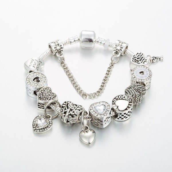 Silver Charm Heart Bracelet, Silver Heart Charm Bracelet, Crystal Charm Bracelet, Heart Inspired Bracelet, Lucky Heart Charm Bracelet
