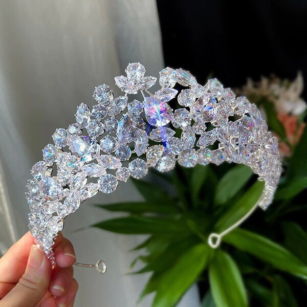 Bridal Tiara Diadem, Cubic Zirconia Bridal Tiara, Crystal Headband, Royal Bridal Hair Piece,Pearl Bridal Band, CZ Tiara ,GiveJewelryGifts
