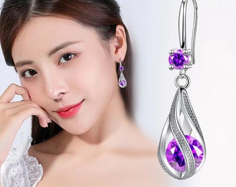 925 Silver Purple Crystal Earrings, Dangle Drop Crystal Earrings, Purple Crystal Dangle Drop Earrings, Hook Drop Earrings, GiveJewelryGifts