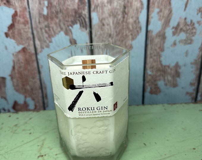 Roku Gin Bottle wood wick soy candle, Gin Fizz scent