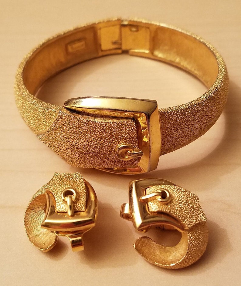 Vintage 60s Crown Trifari signed Textured Gold Tone Belt Buckle Clamper Cuff Bracelet and Clip Earrings Set FREE Shipping