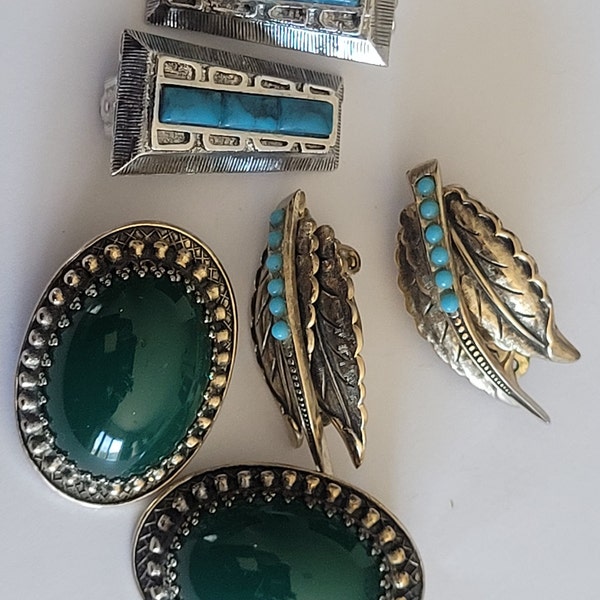 Vintage 1960s Whiting Davis Signed Earrings 3 Pair Clip On LOT Jade Green Glass Faux Turquoise Southwestern Style FREE Shipping