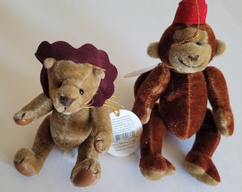 Vintage 1990s Mary Meyer Olde World Curios Jointed Plush Monkey and Baby Bear FREE Shipping