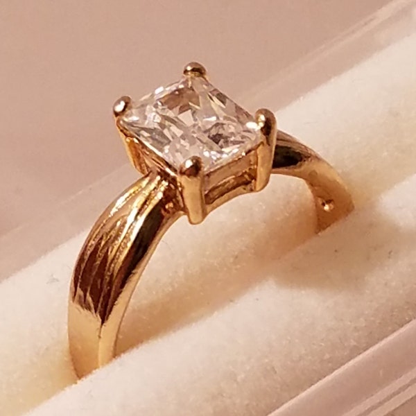 Vintage 1990s Gold Plated over 925 Sterling Emerald Cut Cubic Zirconia Solitaire Ring Thai Gold Size 7 & 3/4 FREE Shipping