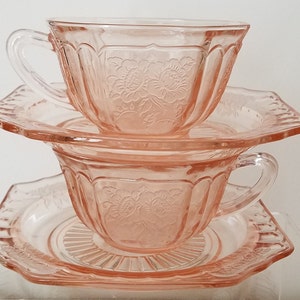 Vintage 1930s Pink Mayfair Open Rose Cups and Saucer Plates Hocking Glass Pink Depression Glass FREE Shipping