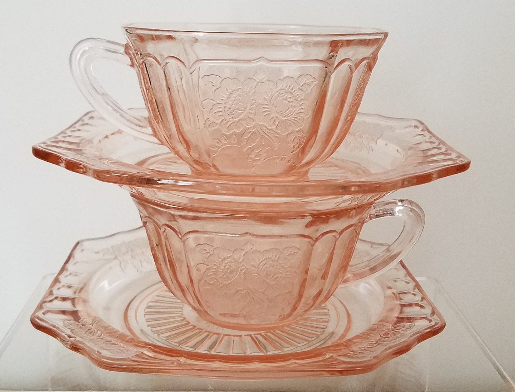 Mayfair Open Rose Pink Depression Glass Cup and Saucer With Ring Set  Hocking Glass 1930s 