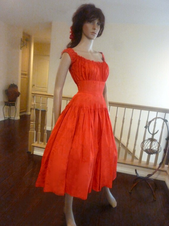 Vibrant Coral Red Rockabilly 50's Swing Dress ala… - image 3