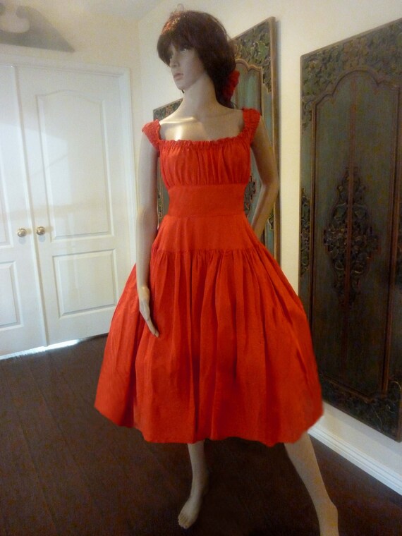 Vibrant Coral Red Rockabilly 50's Swing Dress ala… - image 9