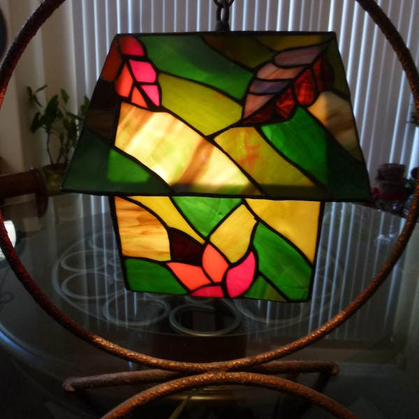 Vintage Stained Glass Bird House Lamp