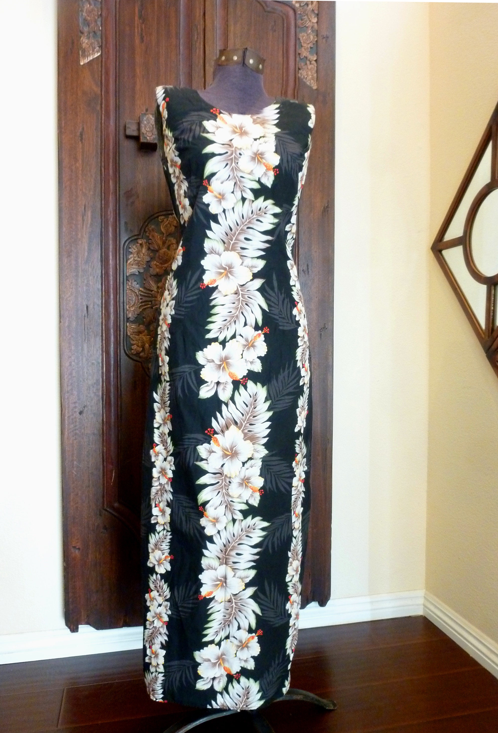 black and white hawaiian dress Hibiscus & Plumeria Tie Long Dress (3 Colors) Lime main image 1