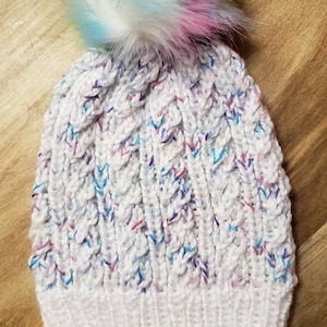 Saltwater Taffy Swirl Winter Hat with Rainbow Faux Fur Pom