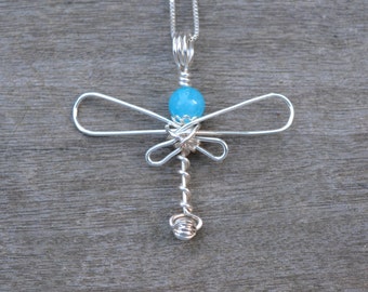 Blue Glass Dragonfly Wire Wrapped Pendant