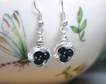 Blue Goldstone Wire Wrapped Bird's Nest Earrings