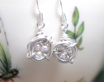 Pearl Wire Wrapped Bird's Nest Earrings