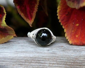 Black Onyx 10mm Wire Wrapped Ring