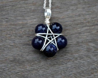 Blue Goldstone Star Wire Wrapped Pendant