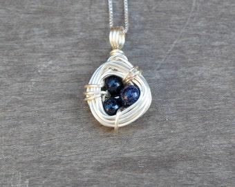 Blue Goldstone Bird's Nest Wire Wrapped Pendant