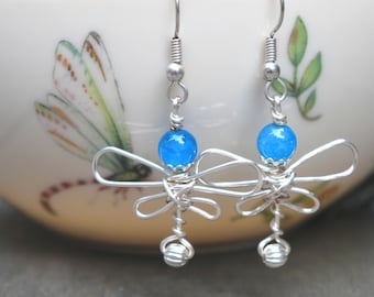 Blue Wire Wrapped Dragonfly Earrings