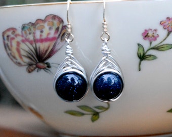 Blue Goldstone 10mm Wire Wrapped Drop Earrings