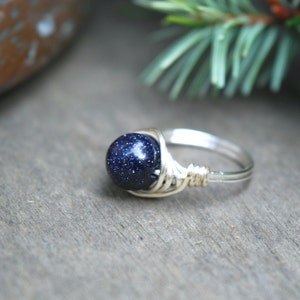 Blue Goldstone 8mm Wire Wrapped Ring image 2