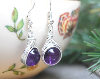 10mm Amethyst Wire Wrapped Drop Earrings (Free shipping in Canada!)