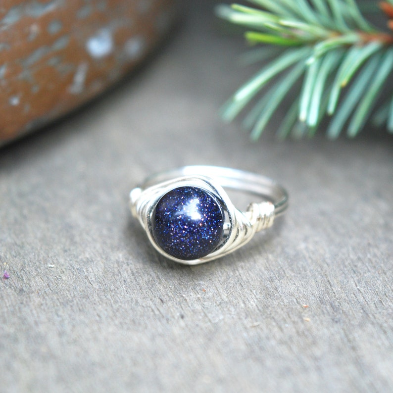 Blue Goldstone 8mm Wire Wrapped Ring image 1