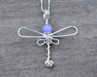 Purple Flower Agate Dragonfly Wire Wrapped Pendant