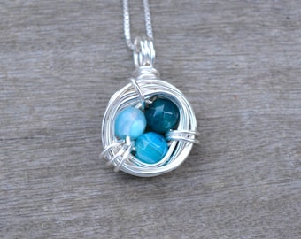 Blue Agate Bird's Nest Wire Wrapped Pendant