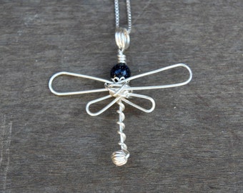 Blue Goldstone Dragonfly Wire Wrapped Pendant