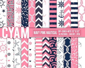 DP-3063-NTC Navy Pink NAUTICAL Digital Paper Instant Download. Navy Nautical pattern. Chevron, stripes, rope, anchor, surf.